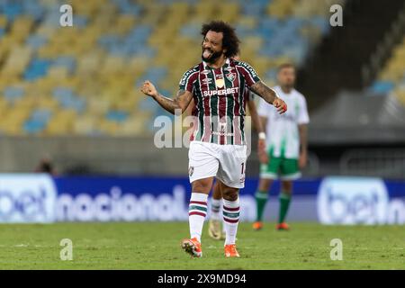 RIO DE JANEIRO, BRASILE - 01 GIUGNO: MARCELO di Fluminense festeggia dopo aver segnato il primo gol della squadra durante la partita tra Fluminense e Juventude come parte di Brasileirao 2024 allo stadio Maracana il 1 giugno 2024 a Rio de Janeiro, Brasile. Foto Stock