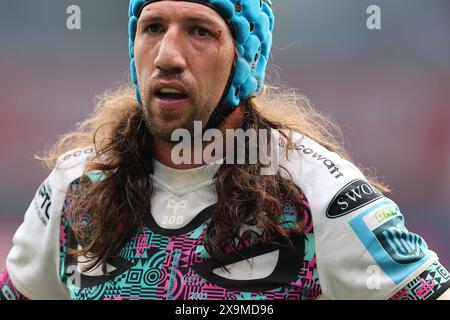 Cardiff, Regno Unito. 1 giugno 2024. Justin Tipuric degli Ospreys guarda avanti. United Rugby Championship, Cardiff Rugby contro Ospreys, giorno del giudizio al Cardiff City Stadium di Cardiff, Galles del Sud, sabato 1 giugno 2024. foto di Andrew Orchard/Alamy Live news Foto Stock