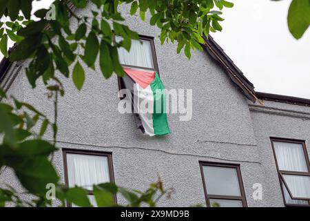 Londra, Regno Unito. Giugno 2024. Bandiera palestinese fuori da una finestra a Ilford North rappresentata nella camera dei comuni del Parlamento britannico dal 2015 da Wes Streeting del Partito Laburista. Horst Friedrichs/Alamy Live News Foto Stock