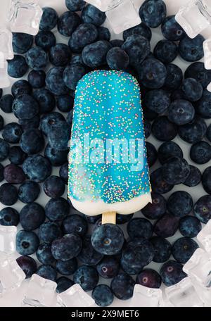 Layout estivo realizzato con gelateria blu smaltata, mirtilli freschi e cubetti di ghiaccio su sfondo bianco. Concept creativo estivo minimalista. Foto Stock