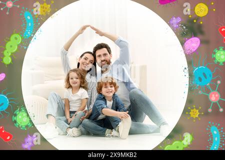 Famiglia felice con forte immunità a casa. Bolle intorno a loro bloccando virus, illustrazione Foto Stock