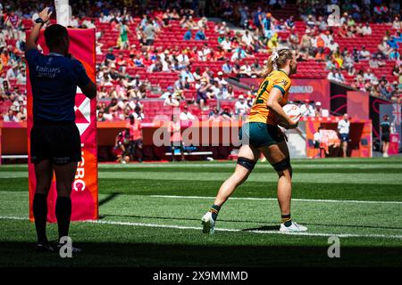 Madrid, Spagna. 1 giugno 2024. Finale del Campionato Rugby Sevens 2° giorno. PISCINA FEMMINILE CAMPIONATO PISCINA B, Australia 7s vs Fiji 7s Questo weekend, squadre di tutto il mondo si sfidano nell'attesissima finale del campionato di rugby Sevens, mettendo in mostra velocità, abilità e strategia in un torneo frenetico ed emozionante. Ci si aspetta che gli spettatori riempiano gli stand, creando un'atmosfera elettrica nel locale. Crediti: Enriquepsans/Alamy Live News Foto Stock