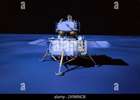 (240602) -- PECHINO, 2 giugno 2024 (Xinhua) -- questa immagine tratta da un'animazione video al Beijing Aerospace Control Center (BACC) il 2 giugno 2024 mostra la combinazione lander-ascender dell'atterraggio della sonda Chang'e-6 sul lato più lontano della luna. Il cinese Chang'e-6 è atterrato sul lato opposto della luna domenica mattina e raccoglierà campioni da questo terreno raramente esplorato per la prima volta nella storia umana, ha annunciato la China National Space Administration (CNSA). Supportata dal satellite relè Queqiao-2, la combinazione lander-ascender della sonda Chang'e-6 è atterrata con successo al des Foto Stock