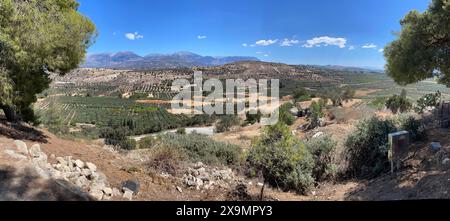 Vista dalla collina del palazzo di Phaistos alla fertile pianura di Messara con molte piantagioni di ulivi, Festos, Creta, Grecia Foto Stock