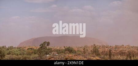 Panorama della tempesta di polvere nel deserto, una nuvola di polvere rosa che attraversa la vista dell'enorme roccia di arenaria di Uluru, dal belvedere di Imalung Yulara, Australia Foto Stock