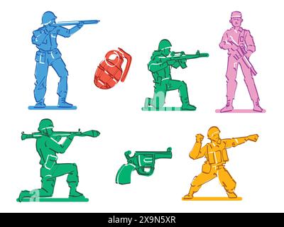 Giocattoli colorati miniature collezione di statuine soldato stile vintage retro personaggio cartoni animati disegnato a mano bambini gioco esercito militare Illustrazione Vettoriale