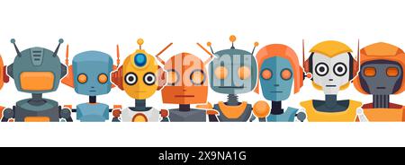 Allegro banner orizzontale per bambini con robot cartoni animati luminosi isolati dallo sfondo. Fregio piatto per bambini con vari giocattoli cyborg per cornici, spazzola Illustrazione Vettoriale