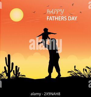 Buon giorno dei padri papà e figlio bella silhouette scenografia del tramonto illustrazione vettoriale del poster. Illustrazione Vettoriale