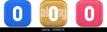 Pulsante numero di caratteri zero segno digitale per il conteggio matematico comunicazione ciberspaziale 3d realistico icone blu oro e rosa. Tipo di calcolo di base nullo Illustrazione Vettoriale