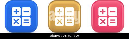 Calcolatrice matematica pulsante conteggio contabilità controllo del saldo matematica tastiera finanziaria 3d realistica icone blu oro e rosa. Calcolo elettronico Illustrazione Vettoriale