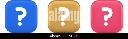Punto interrogativo pulsante consiglia attenzione risposta domande frequenti informazioni Internet supporto 3d realistico icone blu oro e rosa. Informazioni sull'assistenza dell'idea della guida alla soluzione Illustrazione Vettoriale