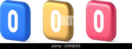 Pulsante numero di caratteri zero segno digitale per il conteggio matematico comunicazione ciberspaziale 3d realistico icone blu oro e rosa. Tipo di calcolo di base nullo Illustrazione Vettoriale
