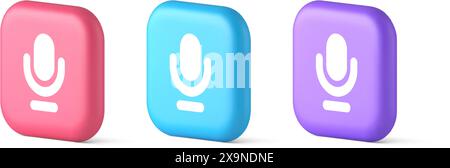 Pulsante di registrazione dal vivo audio del microfono design dell'app Web musica radio che trasmette icone realistiche in 3d rosa blu e viola. Supporto audio stereo con messaggio microfono Illustrazione Vettoriale
