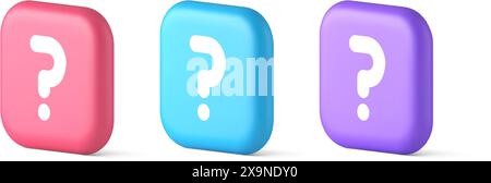 Pulsante punto interrogativo avviso attenzione risposta domande frequenti informazioni Internet supporto 3d realistico bolla vocale rosa blu e viola icone. Idea di aiuto per la soluzione Illustrazione Vettoriale