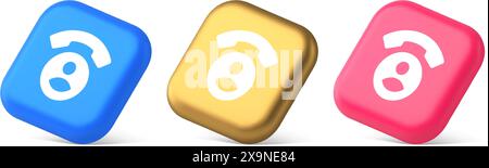 Contatto telefono chiamata pulsante di comunicazione vocale assistenza dialogo assistenza assistenza assistenza assistenza assistenza telefonica consulenza 3d realistica icone blu oro e rosa. Informazioni personali telefoniche Illustrazione Vettoriale