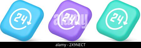 pulsante freccia circolare di 24 ore sempre disponibile servizio di assistenza 3d realistico icone blu viola e verde. Assistenza telefonica helpdesk consegna merci acquisti c Illustrazione Vettoriale
