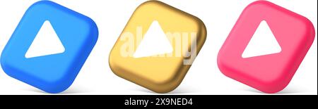 Pulsante di riproduzione triangolo freccia destra lettore di contenuti multimediali design dell'app Web 3d realistico icone blu oro e rosa. Tasto puntatore avvio audio/video Illustrazione Vettoriale