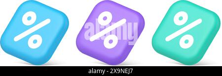 Pulsante percentuale conteggio matematico investimento finanziario aziendale 3d icone realistiche blu viola e verde. Percentuale di sconto di vendita matematica commerciale Illustrazione Vettoriale