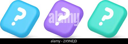Pulsante punto interrogativo avviso attenzione risposta domande frequenti informazioni Internet supporto 3d realistico icone blu viola e verde. Soluzione Help idea Assistance i Illustrazione Vettoriale