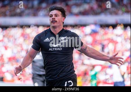 Madrid, Madrid, Spagna. 1 giugno 2024. Leroy Carter della nuova Zelanda celebra la sua prova durante il Madrid Rugby Sevens allo stadio Civitas Metropolitano il 1° giugno 2024 a Madrid, Spagna. (Credit Image: © Alberto Gardin/ZUMA Press Wire) SOLO PER USO EDITORIALE! Non per USO commerciale! Foto Stock