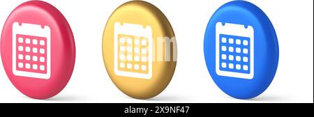 Pulsante calendario programma programma promemoria appuntamento evento 3d realistico icone blu oro e rosa. Agenda organizzatore giorno festivo annuale importante Illustrazione Vettoriale