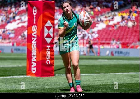 Madrid, Madrid, Spagna. 1 giugno 2024. Amee Leigh Murphy Crowe, irlandese, celebra la sua prova durante il Madrid Rugby Sevens allo stadio Civitas Metropolitano il 01 giugno 2024 a Madrid, Spagna. (Credit Image: © Alberto Gardin/ZUMA Press Wire) SOLO PER USO EDITORIALE! Non per USO commerciale! Foto Stock