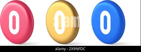 Pulsante numero di caratteri zero segno digitale per il conteggio matematico comunicazione ciberspaziale 3d realistico icone blu oro e rosa. Tipo di calcolo di base nullo Illustrazione Vettoriale