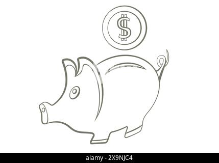 Piggy Bank. Illustrazione vettoriale in stile contorno. Illustrazione Vettoriale