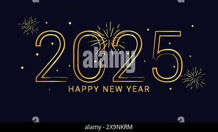2025 capodanno asiatico cinese. Design delle cifre. Felice anno nuovo modello di design di testo colore oro. Decorata con fuochi d'artificio. Per la pagina Web del banner del calendario cartoline. Illustrazione vettoriale. Illustrazione Vettoriale