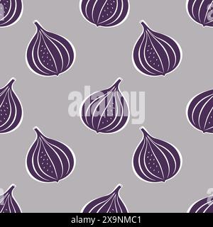 Motivo con frutti di fichi viola scuro, disegno stilizzato su sfondo grigio. Illustrazione vettoriale Illustrazione Vettoriale