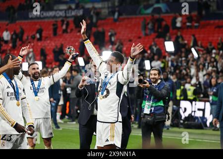 Jude Bellingham (Real), 1 GIUGNO 2024 - calcio: Bellingham festeggia dopo aver vinto la finale di UEFA Champions League 2024 a Londra tra il Borrusia Dortmund 0-2 Real Madrid CF allo stadio Wembley di Londra, Inghilterra. (Foto di Mutsu Kawamori/AFLO) Foto Stock