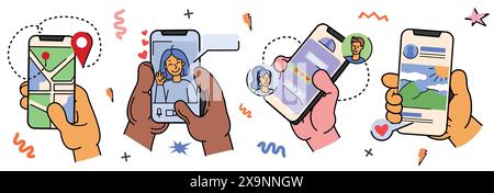 Set di scarabocchi vettoriali con mano umana piatta e schermo per telefono cellulare. Persone diverse che tengono lo smartphone e utilizzano social media, mappa del percorso, messaggi chat o foto della galleria. Comunicazione di videochiamate online Illustrazione Vettoriale