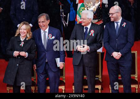 Il presidente del Consiglio Giorgia Meloni, il presidente del Senato Ignazio la Russa, il Presidente della Repubblica Sergio Mattarella e il presidente della camera Lorenzo Fontana durante la rivista militare in occasione della Festa della Repubblica a Roma, domenica, 2 giugno 2024 (foto Roberto Monaldo/LaPresse) primo Ministro Giorgia Meloni, il Presidente del Senato Ignazio la Russa, il presidente della Repubblica Sergio Mattarella e il presidente della camera dei deputati Lorenzo Fontana durante la parata militare in occasione della Festa della Repubblica a Roma, domenica 2 giugno 2024 (foto di R Foto Stock