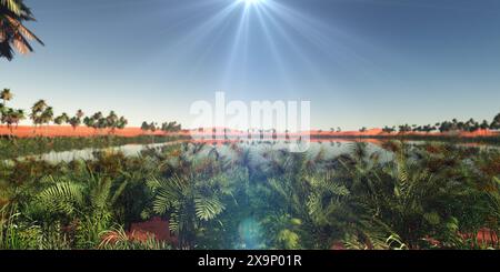 Splendido sfondo naturale - African Oasis 3D rendering illustrazione Foto Stock