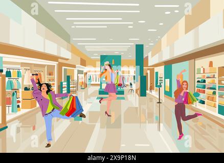 Giovani donne eccitate in piedi nel centro commerciale Illustrazione Vettoriale