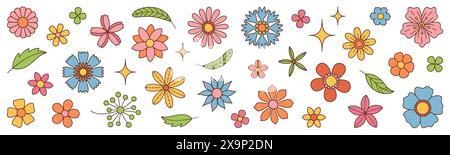 Collezione di fiori colorati di primavera. Ambientato alla moda in stile Vintage anni '70 con fiori di campo isolati sul bianco. Illustrazione disegnata a mano con il doodle in fiore. Fiori vivaci e colorati. Design vettoriale floreale retrò. Illustrazione Vettoriale