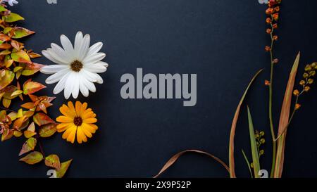 Vista dall'alto di una composizione floreale autunnale caratterizzata da fiori gialli e bianchi e foglie secche su sfondo scuro, simboleggiando la bellezza stagionale. Foto Stock