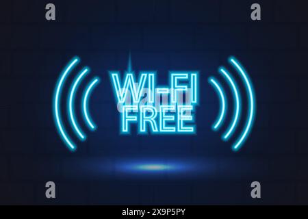 segnale wi-fi gratuito, icona blu neon bagliore, annuncio in caffetteria, luogo Illustrazione Vettoriale