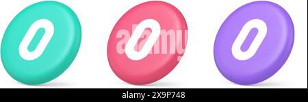 Pulsante numero di caratteri zero segno digitale per il conteggio matematico comunicazione ciberspaziale 3d realistica icone verde rosa e viola. Scienza di tipo di base nulla Illustrazione Vettoriale