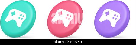 Controller gamepad gioco virtuale pulsante di connessione joystick app web joypad icone realistiche in verde rosa e viola in 3d. Gioco a controllo elettronico h Illustrazione Vettoriale