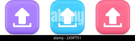 Carica pulsante freccia su documento scambio di file multimediali connessione archiviazione cyberspazio 3d realistico viola blu e rosa icone. Informazioni online dow Illustrazione Vettoriale
