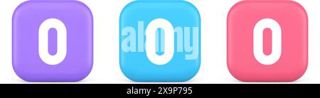 Pulsante numero di caratteri zero segno digitale per il conteggio matematico comunicazione ciberspaziale icone realistiche viola blu e rosa 3D. Scienza di tipo di base nulla Illustrazione Vettoriale