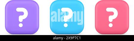 Punto interrogativo pulsante consiglia attenzione risposta domande frequenti informazioni Internet supporto 3d realistico viola blu e rosa icone. Guida alla soluzione idea assistenza in Illustrazione Vettoriale