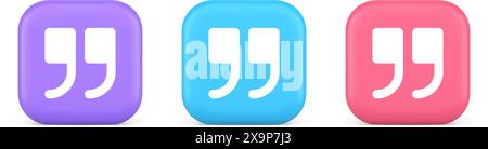 Virgolette pulsante di tacca commento chat dialogo conversazione cyberspazio icone realistiche viola blu e rosa in 3D. Cartello preventivo Messenger di discussione su Internet Illustrazione Vettoriale