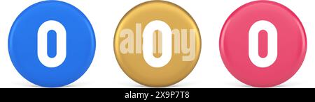 Pulsante numero di caratteri zero segno digitale per il conteggio matematico comunicazione ciberspaziale 3d realistico icone blu oro e rosa. Tipo di calcolo di base nullo Illustrazione Vettoriale