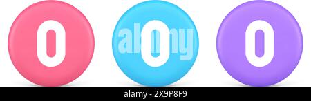 Pulsante numero di caratteri zero segno digitale per il conteggio matematico comunicazione ciberspaziale 3d realistica icone rosa blu e viola. Scienza di tipo di base nulla Illustrazione Vettoriale
