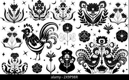 set folk in bianco e nero. Fiore, galli. Arte popolare, stile linocut. Elementi decorativi vintage per il tuo design. Mano vettoriale Illustrazione Vettoriale