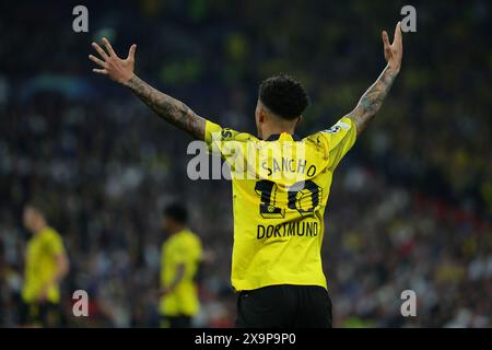 Jadon Sancho del Borussia Dortmund durante la finale di Champions League 2023/2024 tra il Borussia Dortmund e il Real Madri CF allo stadio Wembley di Londra (Inghilterra), 1 giugno 2024. Foto Stock