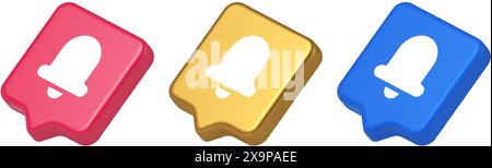 Pulsante di notifica del suono del campanello avviso di chiamata messaggio in arrivo 3d realistico icona blu oro e rosa. Segnale audio in entrata si Illustrazione Vettoriale