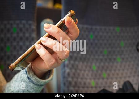 Una donna che tiene a mano uno smartphone all'interno del treno in inghilterra concetto di comunicazione del regno unito, concetto di viaggio. Foto Stock
